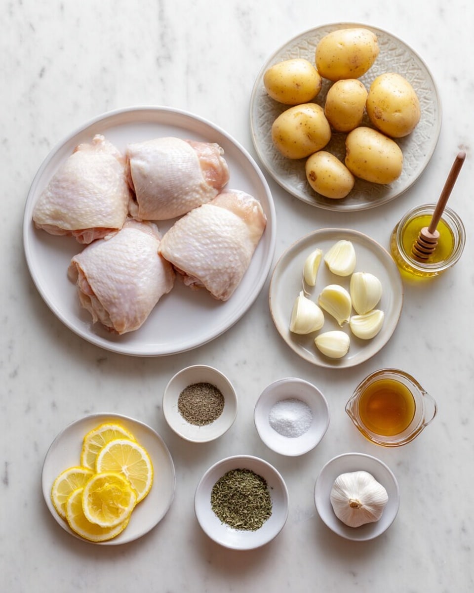 The image shows a white round plate with four raw chicken thighs with pale pink skin in the center. Above it, a smaller white plate holds several small yellow potatoes with a smooth texture. To the right, a small white plate contains eight peeled garlic cloves, next to a small glass jar of honey with a wooden honey dipper resting inside, and a small glass bottle of olive oil. Below the garlic, there are four small white bowls arranged in a square: one with coarse salt, another with cracked black pepper, and two with dried green herbs. At the bottom left corner, a small white plate holds one whole lemon and six lemon slices arranged in a fan shape. The background is a white marbled surface. Photo taken with an iphone --ar 4:5 --v 7