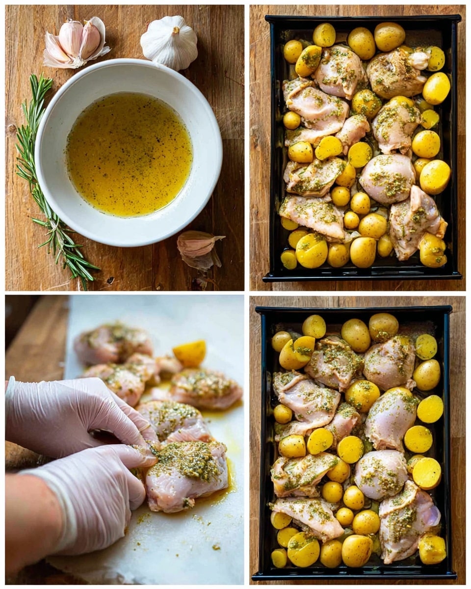 The image shows four parts in a grid. The top-left is a white bowl with a mustard and oil mixture inside, placed on a wooden surface next to three garlic cloves and a sprig of rosemary. The top-right shows a black tray with raw chicken thighs and whole baby potatoes scattered evenly, some potatoes cut in half, with a green herb sauce drizzled over the chicken and potatoes. The bottom-left has a close-up of a woman's hands wearing gloves rubbing the herb sauce onto the chicken thighs and potatoes in the same tray. The bottom-right image shows the tray now fully coated with the herb sauce, the chicken pieces and potatoes arranged neatly on a white marbled surface. Photo taken with an iphone --ar 4:5 --v 7