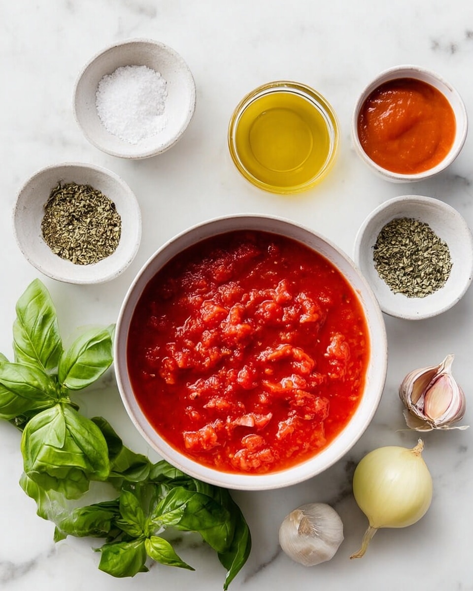 A white bowl filled with chunky, bright red tomato sauce sits on a white marbled surface. Around it are small white bowls holding coarse salt, crushed black pepper, dried green herbs, golden olive oil, and thick red tomato paste. Two garlic cloves and a small yellow onion are also placed neatly on the surface. Bright green basil leaves spread out just below the bowls, adding fresh color to the scene. The overall look is simple and fresh, with all ingredients arranged to show their textures clearly. Photo taken with an iphone --ar 4:5 --v 7