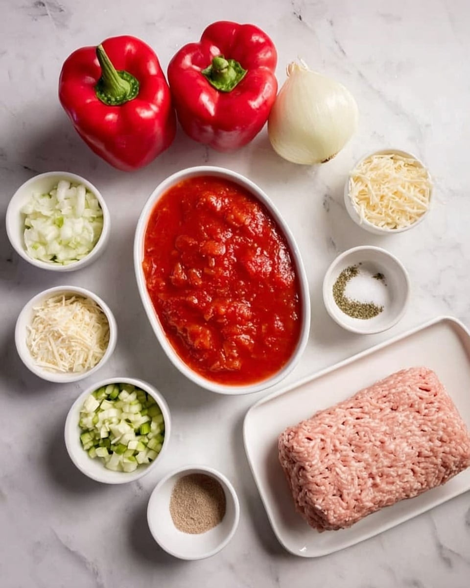 The image shows various cooking ingredients placed on a white marbled surface. There is a white tray on the right holding a large block of ground meat with a light pink color. Near the center is a white oval bowl filled with bright red tomato sauce that has a chunky texture. Two whole red bell peppers sit next to the tomato sauce, showing smooth, shiny skins. Surrounding these main items are several small white bowls containing chopped white onions, finely diced pale green zucchini, minced garlic, shredded cheese, and seasoning powders with light pink, green, and brown colors. The arrangement is neat and spaced out, highlighting each ingredient clearly. Photo taken with an iphone --ar 4:5 --v 7