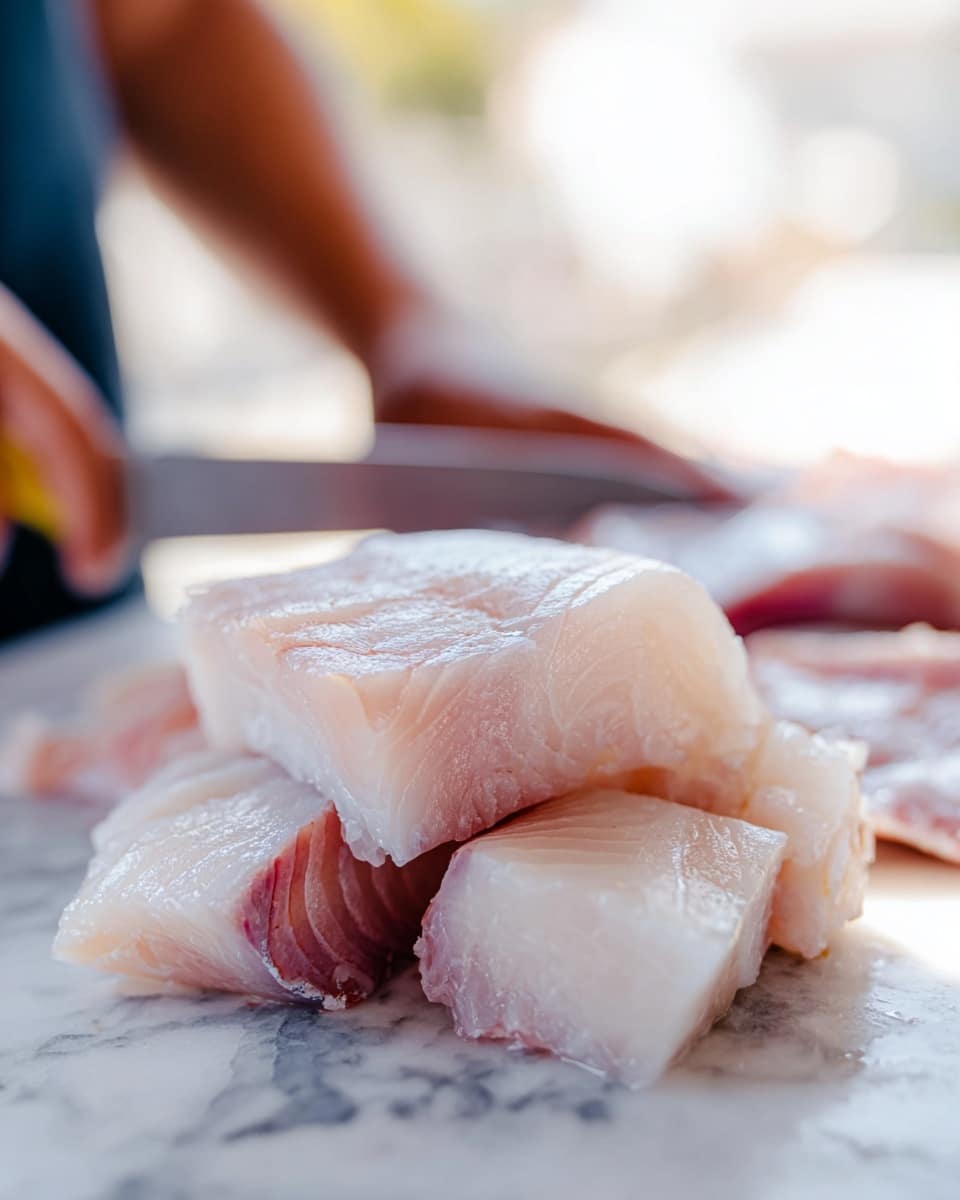 The image shows a close-up view of sliced raw fish pieces stacked in a small pile in the foreground. The fish pieces are pale with light pink and white tones, showing a smooth and slightly shiny texture. In the blurred background, a woman’s hand is holding a knife and cutting more fish on a white marbled surface. The overall scene has a bright and natural light, highlighting the freshness of the fish. photo taken with an iphone --ar 4:5 --v 7