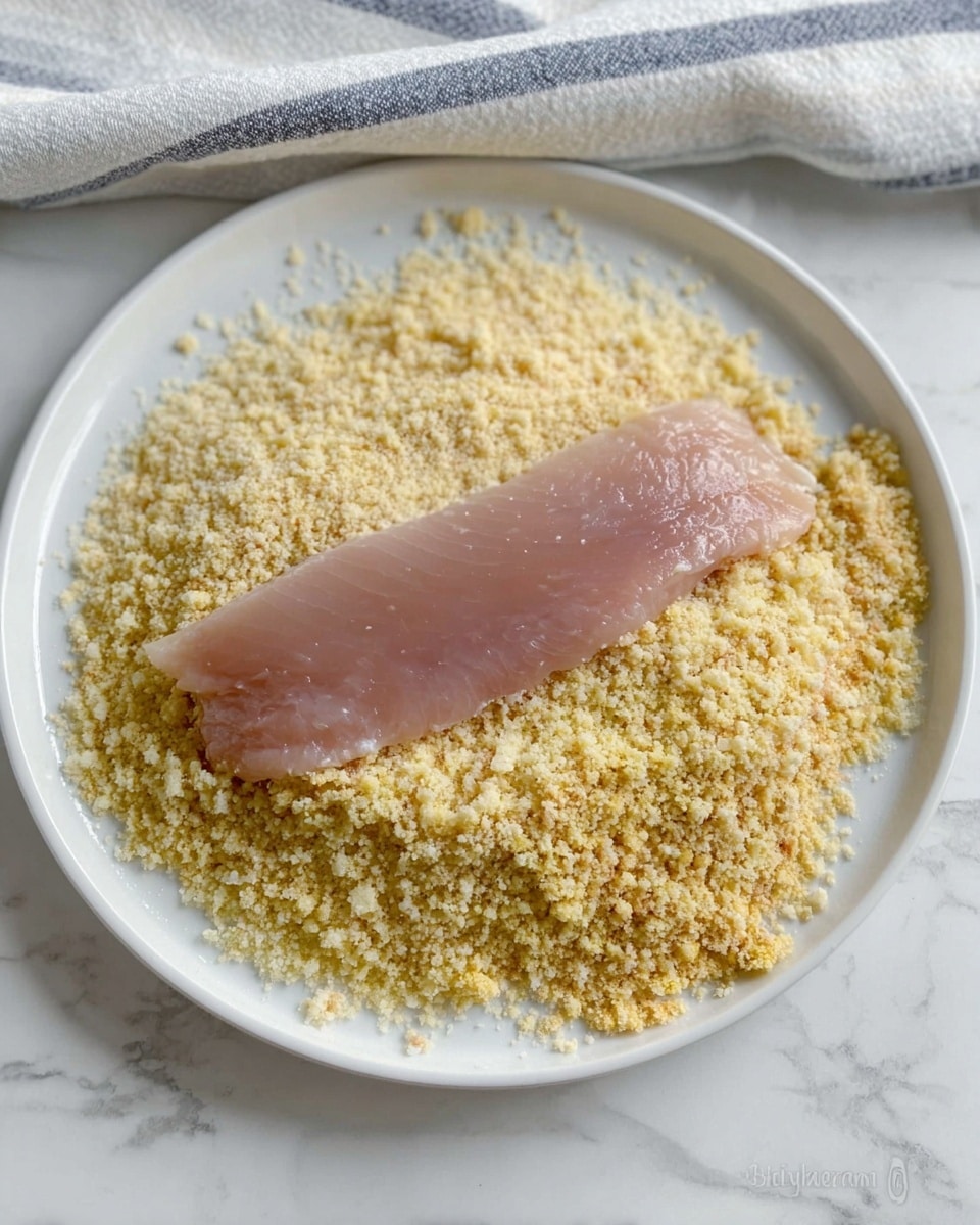 A white plate filled with crushed pale yellow crumbs spreads out on the surface. On top lies a single large piece of raw chicken, smooth and pinkish in color, placed horizontally across the crumbs. The background is white marble, and part of a striped cloth is visible at the top. photo taken with an iphone --ar 4:5 --v 7