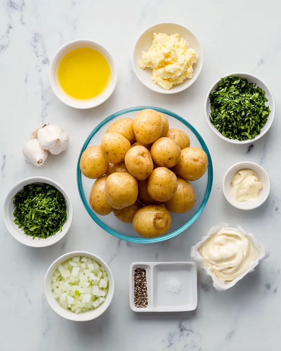 A collection of small white bowls and a clear bowl arranged on a white marbled surface, each holding different ingredients. The large clear bowl in the center is full of golden small potatoes. Surrounding it are small white bowls with finely chopped green herbs, diced white onions, mustard with a small bit of garlic, a yellow liquid that looks like oil, thick white mayonnaise, a clear liquid that could be vinegar, and a square white dish containing salt and pepper. The colors are soft and natural, with a fresh and simple kitchen feel. photo taken with an iphone --ar 4:5 --v 7