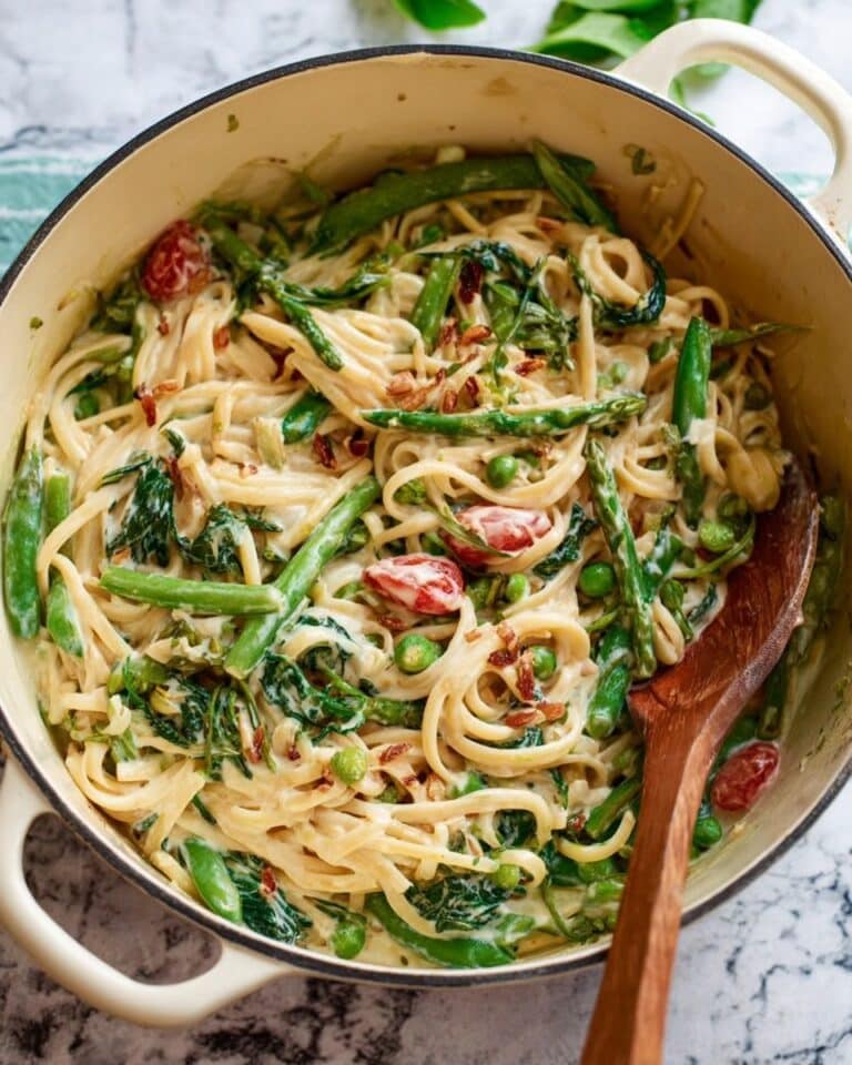 Creamy Pasta Primavera with Vegetables and Pine Nuts Recipe