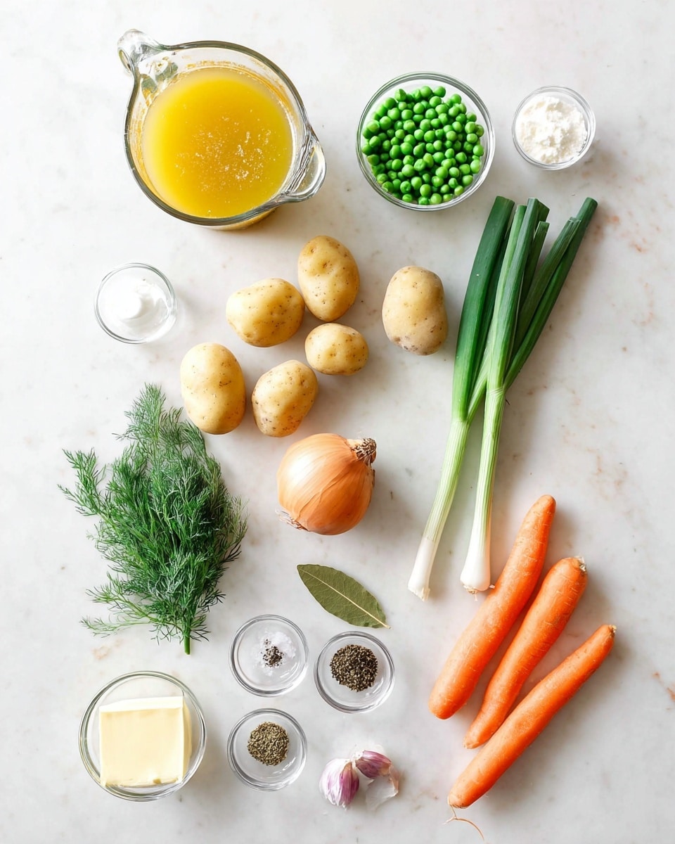 The image shows a flat lay of fresh ingredients arranged neatly on a white marbled surface. At the top left is a clear glass measuring cup filled with golden-yellow broth, followed on the right by two smaller clear glass containers, one with white cream and the other filled with green peas. Below these containers are three light brown potatoes grouped together, to their right are three long green onions placed side by side, and further right are four bright orange carrots. Below the potatoes, on the left side, is a small bunch of fresh green dill, near it is a light brown onion, and next to the onions is a single bay leaf on the white marbled surface. In the bottom center are small clear dishes with black pepper, mixed spices, butter, and dried herbs. Near the carrots are two cloves of garlic with a purple tint. The overall view is clear and bright with natural colors. Photo taken with an iphone --ar 4:5 --v 7