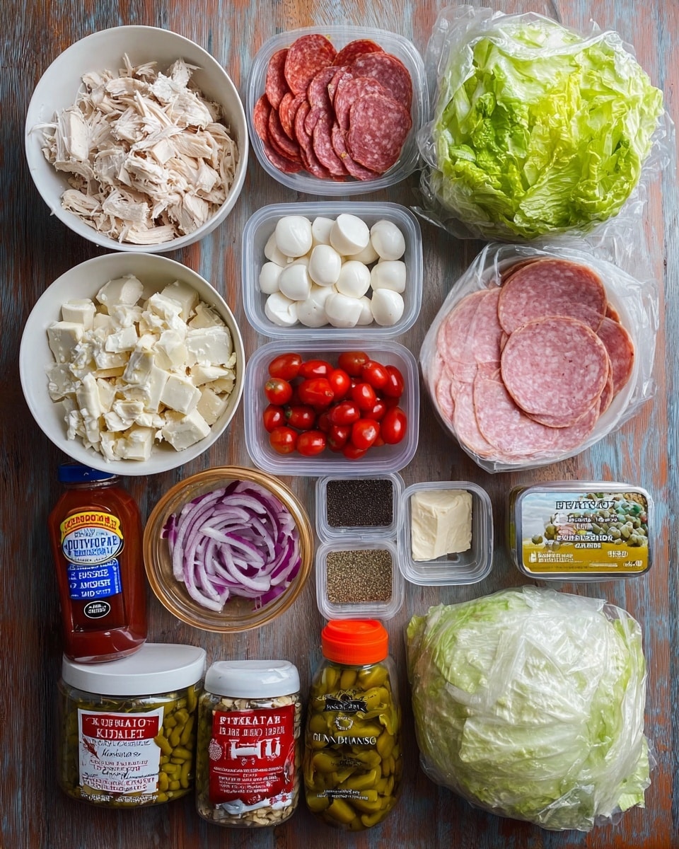 The image shows an arrangement of various fresh and packaged ingredients laid out on a wooden surface replaced by a white marbled texture. There are two white bowls, one filled with shredded chicken pieces and the other with sliced salami, ham, and pepperoni. Next to them are containers of feta cheese chunks, marinated fresh mozzarella balls, and a whole iceberg lettuce wrapped in plastic. A small transparent container holds sliced cherry tomatoes, and there are jars of golden Greek peperoncini, pickled red onions, as well as bottles of real mayonnaise and organic red wine vinegar. Small spice containers hold black pepper, salt, oregano, and garlic powder, each clearly visible in the display. The ingredients are arranged neatly in rows and groups, with different colors and textures such as green lettuce, red onions, white cheeses, and various meats, creating a vibrant and appetizing scene photo taken with an iphone --ar 4:5 --v 7