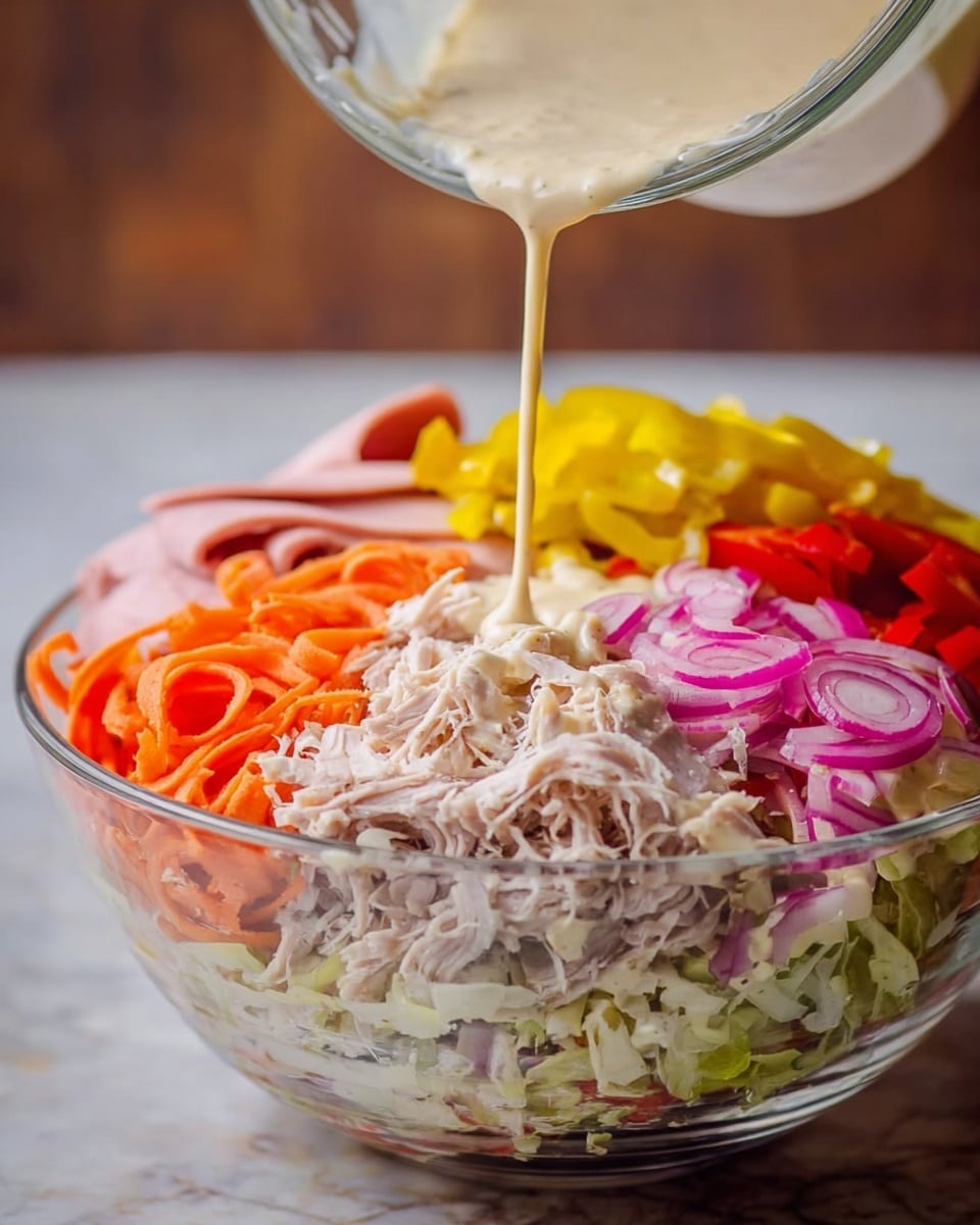 A clear glass bowl filled with many layers of food on a white marbled surface. The bottom layer is shredded turkey, light brown and soft in texture. Above it are thin orange slices of carrots on one side. Next to the carrots, there are slices of pink deli meat and bright yellow banana peppers in the center. On one side are thin slices of red onions with a shiny texture, and finely chopped lettuce peeks through the layers. A creamy dressing is poured slowly from a clear glass bowl above, drizzling down over all the layers. The background is softly blurred wood. Photo taken with an iphone --ar 4:5 --v 7