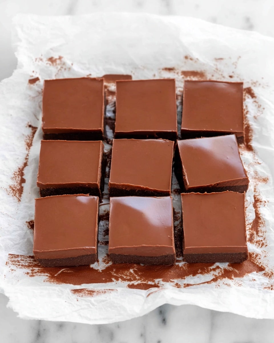 The image shows nine square pieces of chocolate dessert arranged in a 3 by 3 grid on a white cloth with some smudges of dark brown chocolate spread around the edges. Each piece has a smooth, glossy top layer of milk chocolate brown that looks firm and slightly reflective. The sides reveal a darker, richer chocolate layer beneath, creating a two-tone effect with a clear separation between the lighter top and the darker bottom layers. The cloth underneath has a texture that contrasts with the smoothness of the chocolate, and the whole setting is on a white marbled surface. photo taken with an iphone --ar 4:5 --v 7