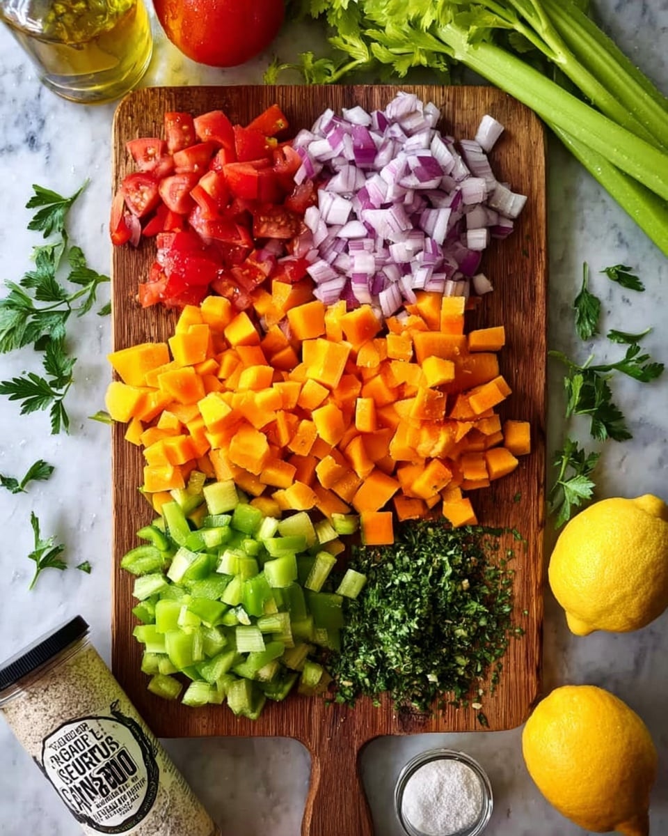 A wooden board on a white marbled surface holds six piles of chopped vegetables arranged neatly: red tomatoes in small cubes at the top left, purple onions diced in the middle top, orange butternut squash chunks at the top right, green bell peppers cut into pieces at the bottom left, light green celery slices in the center bottom, and dark green herbs finely chopped at the bottom right. Around the board, there are fresh celery stalks at the top, a whole red tomato on the right, a yellow squash at the bottom, a half lemon with its cut side up near the bottom right, a small bottle of oil at the top left, a container of white seasoning near the bottom left, and scattered parsley leaves adding a fresh touch. Photo taken with an iphone --ar 4:5 --v 7