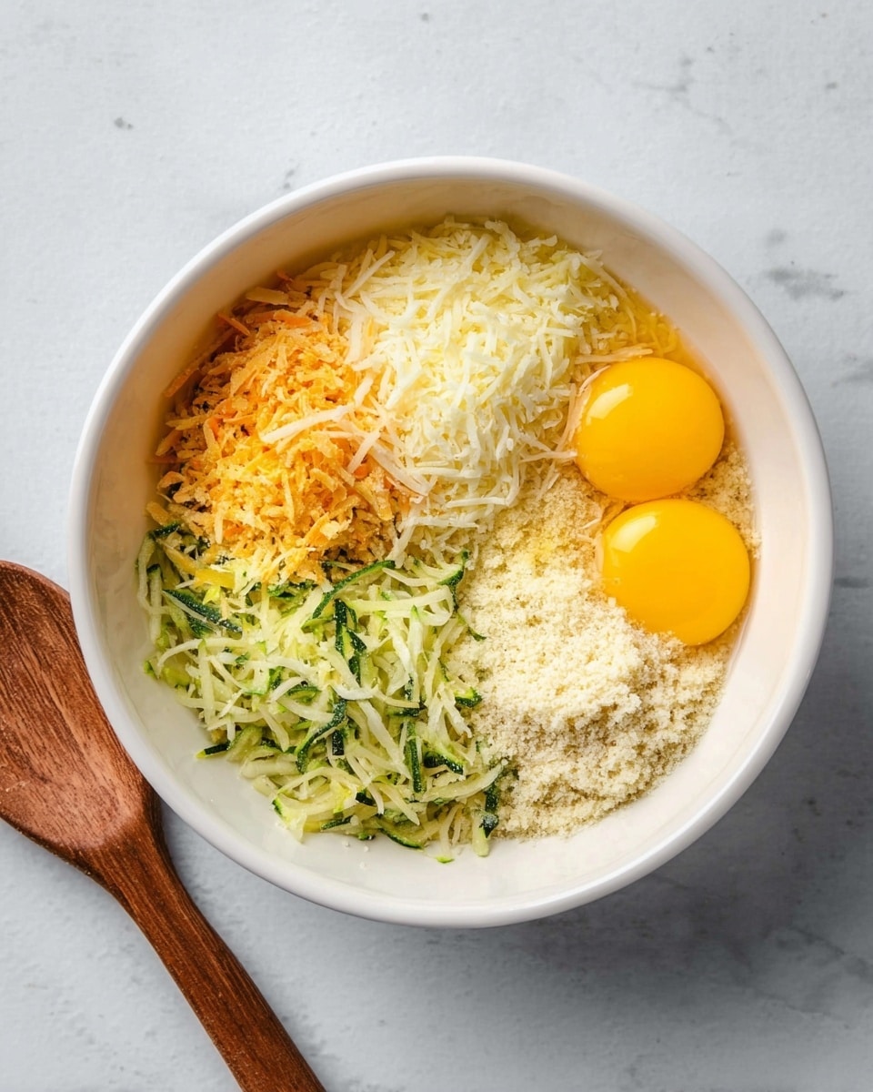 A white bowl with five separate layers inside: two raw yellow egg yolks on the right, shredded orange cheese above the eggs, grated pale cheese on the top left, shredded green zucchini below the pale cheese, and finely ground light beige crumbs below the eggs and zucchini. The bowl is placed on a white marbled surface, with a wooden spoon next to it on the left. Photo taken with an iphone --ar 4:5 --v 7