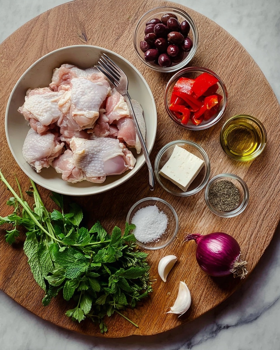 A white bowl filled with raw chicken thighs sits on the left side of a wooden board layered over a white marbled texture. To the right, there are six small clear glass bowls with bright red roasted peppers, dark purple olives, white block of feta cheese, black pepper, salt, and dried herbs. Fresh green herbs including parsley, mint, and dill rest on the wooden board below the bowls. At the bottom right corner, a whole purple onion and a garlic clove lie next to the board. A metal fork rests on the edge of the bowl with the chicken. Photo taken with an iphone --ar 4:5 --v 7