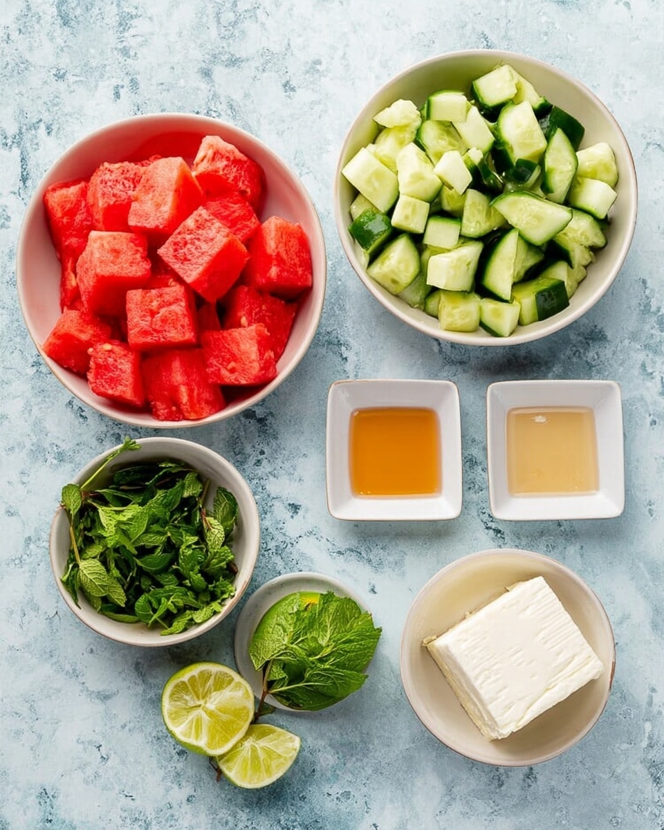 The image shows six white bowls on a white marbled surface. The top left bowl is filled with bright red watermelon cubes, the top right bowl holds chunks of green cucumber. Between these bowls are three small white square dishes: one with a honey-colored sauce, one with a halved lime, and one empty. Below, two white bowls contain fresh green herbs and a white block of cheese, respectively. The colors are vibrant and the textures clear, with fresh juicy fruit and crisp vegetables. Photo taken with an iphone --ar 4:5 --v 7
