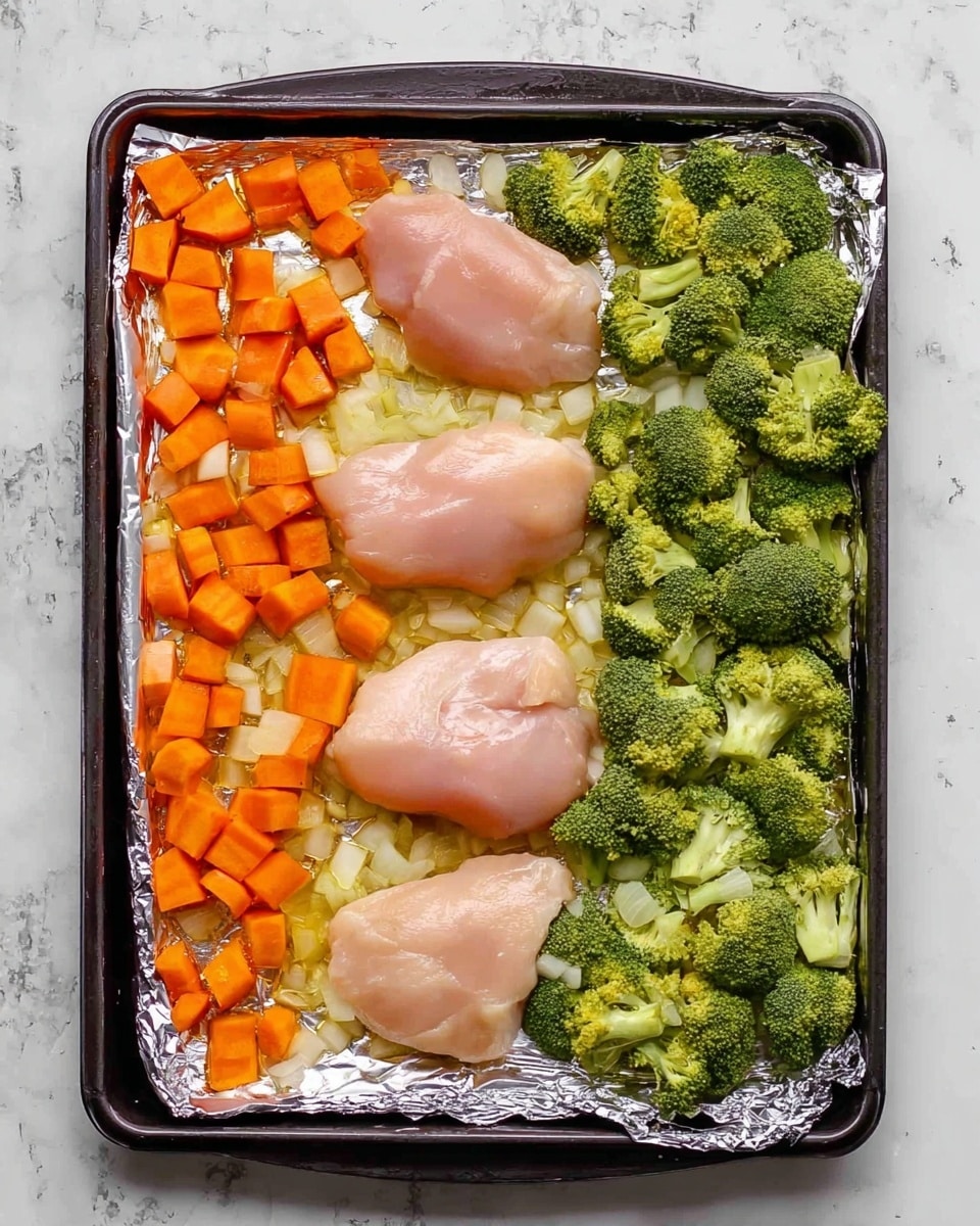 The image shows a baking tray lined with foil on a white marbled surface. On the tray, there are three main parts arranged side by side: on the left, there are small pieces of orange carrots mixed with light yellow onion chunks that look slightly cooked; in the middle, there are two pieces of raw, pale pink chicken placed one above the other; on the right, there are many green broccoli florets grouped closely together. The tray has dark edges and the whole scene looks fresh and ready for cooking. photo taken with an iphone --ar 4:5 --v 7