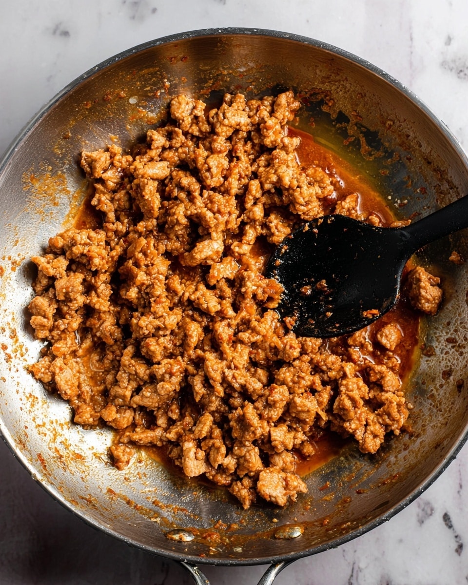 The image shows a close-up top view of a silver metal pan filled with cooked, crumbly brown meat in a thick sauce. The browned meat pieces vary in size, and the sauce lightly coats them, pooling slightly at the pan edges, which show some marks and stains from cooking. A black spoon rests inside the pan, partially covered with the meat mixture. The background is a white marbled surface. photo taken with an iphone --ar 4:5 --v 7