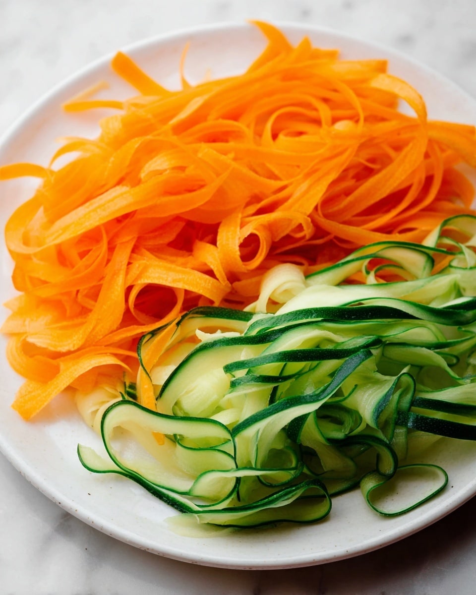 The image shows a dish with two main layers of thinly sliced vegetables on a white plate. The top layer is made of bright orange carrot ribbons, which are thin, long, and slightly textured. The bottom layer features delicate, light green cucumber ribbons with dark green edges, curled softly, adding a fresh and smooth look. Both layers are closely placed next to each other on a white marbled surface. photo taken with an iphone --ar 4:5 --v 7