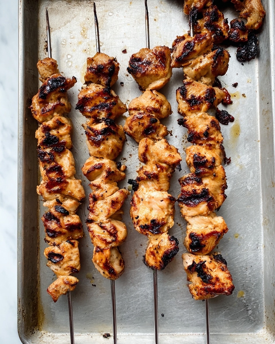 Five metal skewers hold pieces of grilled chicken with a golden brown color and some dark char marks, arranged side by side on a slightly worn silver baking tray. Each skewer is full of multiple chicken pieces, showing a mix of juicy, slightly shiny textures with crispy edges from grilling. The tray sits on a white marbled surface, and there are a few small pieces of charred chicken on the top right corner. The overall look is rustic and appetizing. photo taken with an iphone --ar 4:5 --v 7