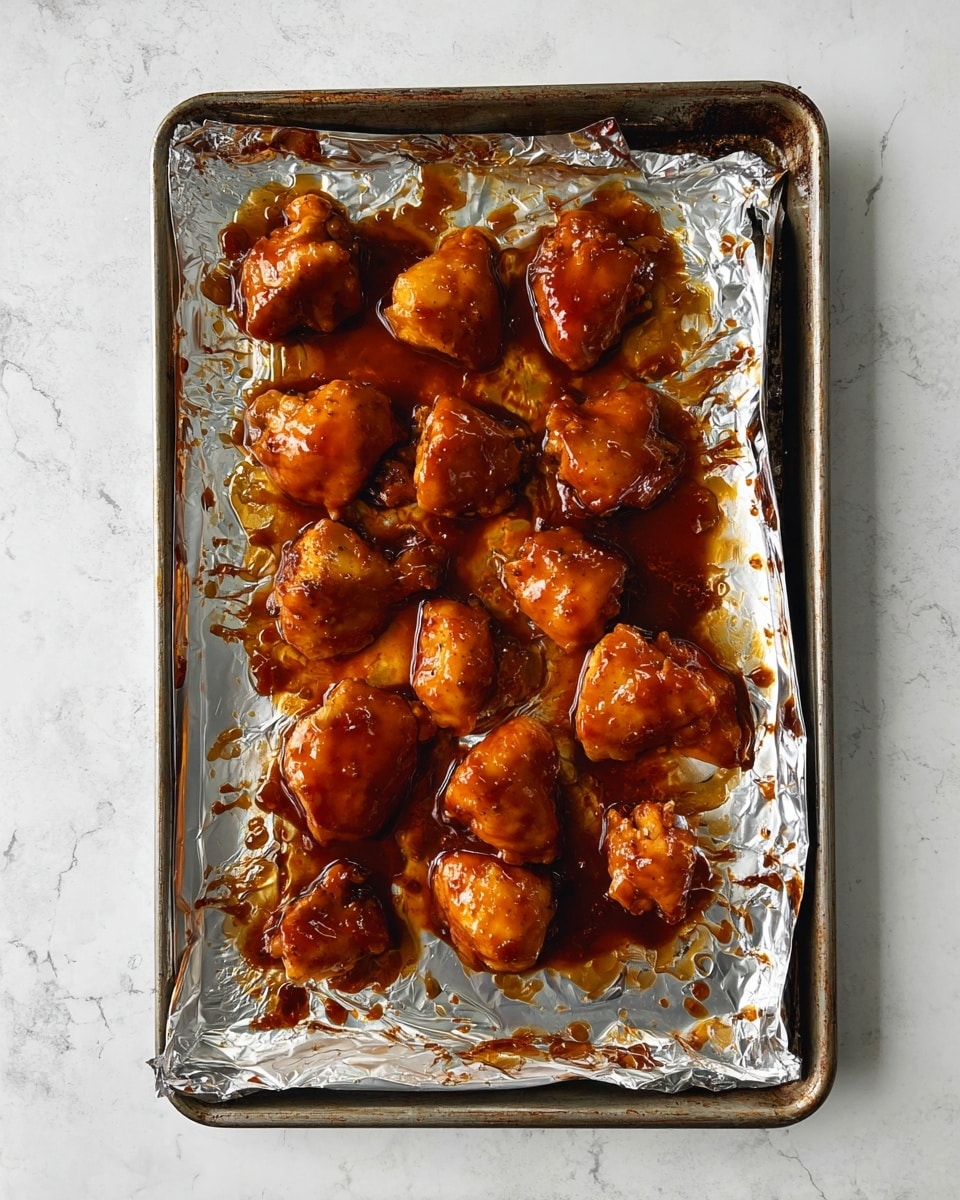 A metal baking tray lined with crinkled silver foil holds twelve pieces of chicken, each coated in a shiny, sticky brown sauce that pools around them on the foil. The chicken pieces are browned at the edges and arranged in a loose circular pattern with some spacing. The foil reflects the glossy sauce, making the tray look slightly messy with caramelized sauce stains. The tray sits on a white marbled surface, and the overall look is warm and appetizing. photo taken with an iphone --ar 4:5 --v 7