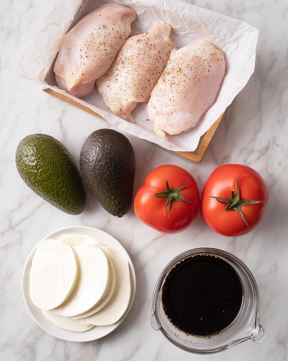 The image shows a flat white marbled surface with several food items neatly arranged. At the top, three raw, light pink chicken pieces with some seasoning sit on white parchment paper inside a wooden tray. Below and to the left, there are two dark green avocado fruits placed side by side. To their right, two bright red tomatoes with green stems intact are positioned next to each other. In the lower left corner, a white round plate holds a stack of white mozzarella cheese slices, slightly overlapping. At the bottom right, a clear glass measuring cup filled with a dark liquid, possibly balsamic vinegar, reflects light on its surface. Photo taken with an iphone --ar 4:5 --v 7