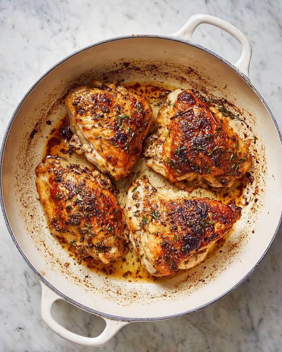 Four pieces of cooked chicken with a golden brown and slightly crispy skin are placed inside a white round pan with two handles. The chicken pieces show some dark brown spices and herbs sprinkled on top, and there are small browned spots in the pan from cooking. The pan sits on a white marbled surface, and the overall look is warm and rustic. photo taken with an iphone --ar 4:5 --v 7