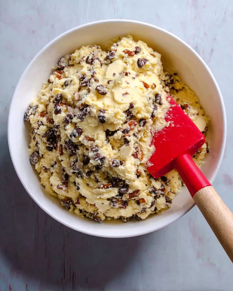 A white bowl filled with a mixture that looks like cookie dough. The dough is creamy yellow with many small dark chocolate chips and some pieces of nuts scattered throughout. There is a red spatula partially stuck into the dough, with a wooden handle sticking out. The bowl sits on a white marbled surface. photo taken with an iphone --ar 4:5 --v 7