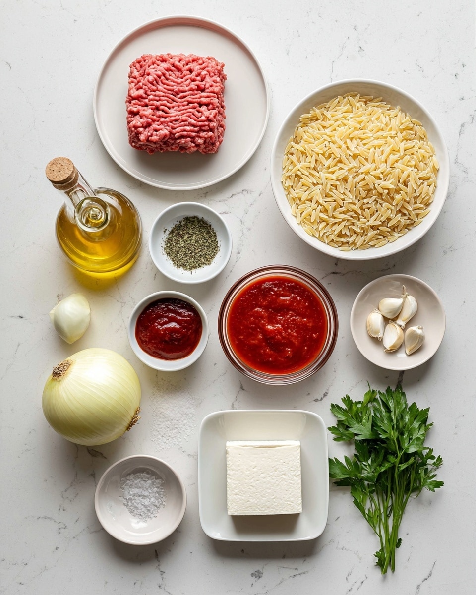 The image shows a flat layout of ingredients on a white marbled surface. At the top center, there is a square block of raw ground meat with a pinkish-red color on a white plate. To its right, a white bowl full of uncooked orzo pasta with a pale yellow color. Below and slightly left of the orzo is a small white bowl with green dried herbs. Moving left, there is a small glass bottle of golden olive oil with a corked top. Below the ground meat, there is a round glass bowl with thick, red tomato sauce. Under the tomato sauce, a small white bowl holds deep red tomato paste. To the left bottom corner, a yellow onion is placed on a white plate. Next to it, closer to the center, three peeled garlic cloves sit in a small white bowl. At the bottom center, a rectangular white plate holds a block of white feta cheese. To the bottom right, a bunch of fresh green parsley rests on a white plate. Small white bowls with coarse salt and black pepper sit on the lower left corner. Everything is neatly arranged and evenly spaced. Photo taken with an iphone --ar 4:5 --v 7