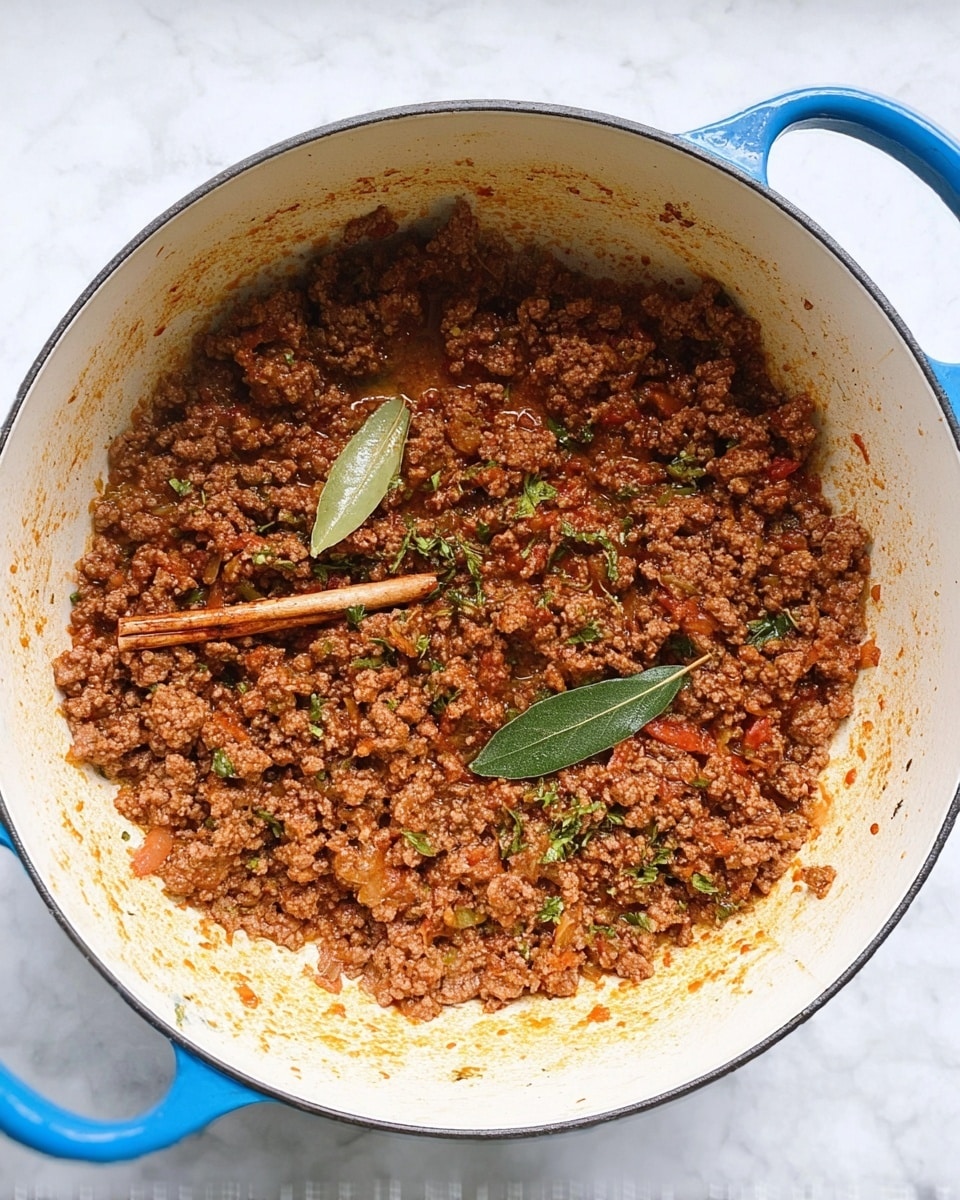 A large white pot with blue handles contains cooked ground meat mixed with finely chopped onions and green herbs. The meat has a rich brown color with bits of diced tomatoes and small spices visible, including a bay leaf and a cinnamon stick resting on top. The texture looks moist but not wet, showing the meat pieces separated and coated with a thin sauce. The pot sits on a white marbled surface with some steam rising gently from the hot food, and the inside sides of the pot show some light sauce stains. photo taken with an iphone --ar 4:5 --v 7