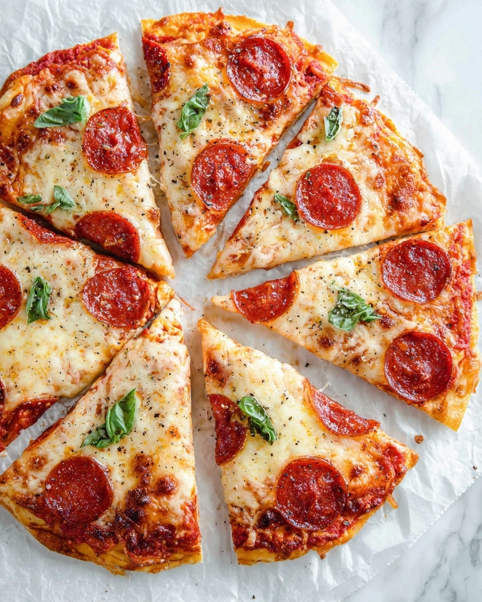 A round pizza is cut into eight triangular slices arranged in a circle on white parchment paper over a white marbled surface. Each slice has a golden brown crust that looks crispy and thin. The base layer is a bright red tomato sauce topped with melted pale yellow cheese that is stringy and bubbly. On top of the cheese, there are two or three round, reddish-brown pepperoni slices on each slice. Fresh green basil leaves are scattered across the pizza for color contrast. Black pepper specks are sprinkled over the whole pizza. Photo taken with an iphone --ar 4:5 --v 7