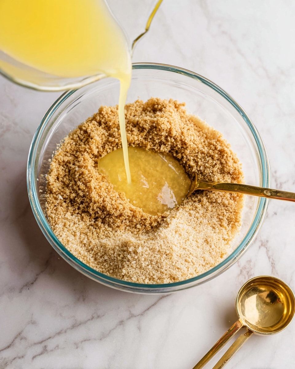 A clear glass bowl with two layers is shown on a white marbled surface. The bottom layer inside the bowl is a grainy, light brown crumb mixture that fills about half the bowl. On top of that, a yellow liquid is being poured from another clear bowl into the middle of the crumb layer. A gold spoon is partially submerged on the right side of the crumb mixture, ready to stir. A gold measuring spoon is placed next to the bowl on the white marbled surface. The photo is taken with an iphone --ar 4:5 --v 7