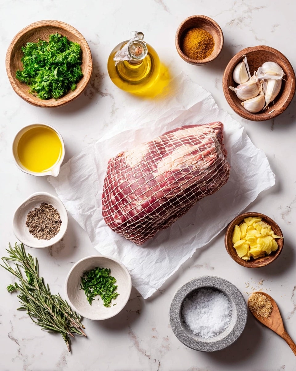 In the center, there is a large piece of raw meat wrapped in a net, placed on white parchment paper over a white marbled surface. Around the meat, there are small white bowls and wooden bowls filled with various ingredients: fresh green parsley leaves in a wooden bowl at top left, a small glass bottle of yellow oil, a small wooden bowl with a brown powder, a wooden bowl with garlic cloves, a white bowl filled with pale yellow mustard, a wooden bowl with bright yellow lemon zest, a small white bowl with coarse black pepper, a small white bowl holding fresh green rosemary sprigs, and a small gray stone bowl containing coarse salt and a small wooden spoon. The setup is neatly arranged with balanced colors and textures, photo taken with an iphone --ar 4:5 --v 7