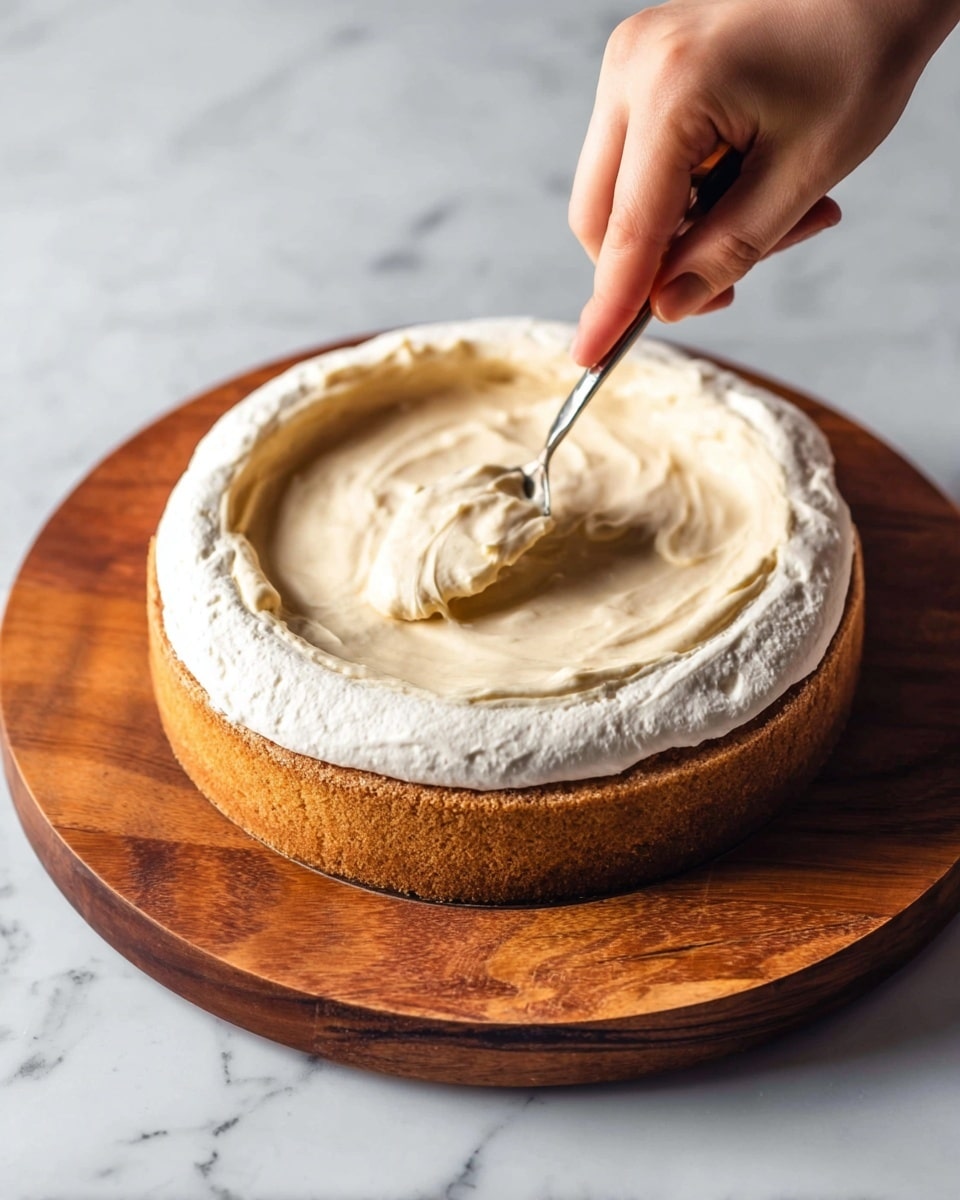 A round cake layer with a golden brown crust forms the base, topped by a thick ring of white whipped cream along the edge. Inside the ring, there is a smooth layer of light beige creamy filling being spread with a spoon held by a woman's hand. The cake sits on a wooden board with a rich, dark wood grain, placed against a white marbled surface. The lighting highlights the textures of the creamy filling and the soft whipped cream. photo taken with an iphone --ar 4:5 --v 7