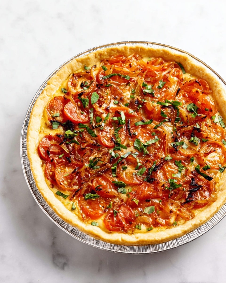 A round pie with a golden, thick crust on the edge, filled with a mix of cooked orange and red tomato pieces, thin slices of caramelized onions, and scattered green chopped basil leaves on top. The filling looks soft and slightly glossy, with some parts showing a light char. The pie is in a silver metal pie dish, placed on a white marbled surface. photo taken with an iphone --ar 4:5 --v 7
