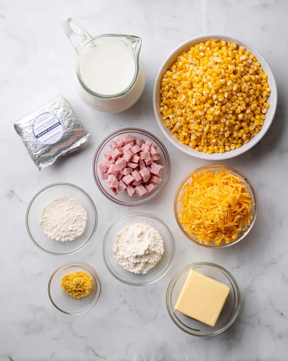 The image shows seven small bowls and packages with ingredients placed on a white marbled surface. On the top left is a silver package of cream cheese, next to it is a small glass jug filled with white milk. Above that is a small glass bowl with pink diced ham. On the right side is a large white bowl full of yellow corn kernels. Below that is a medium white bowl filled with shredded orange cheese. Below the cheese bowl are three small glass bowls arranged vertically containing white flour, yellow seasoning, and a block of butter. The whole setup is simple, clean, and well organized. Photo taken with an iphone --ar 4:5 --v 7