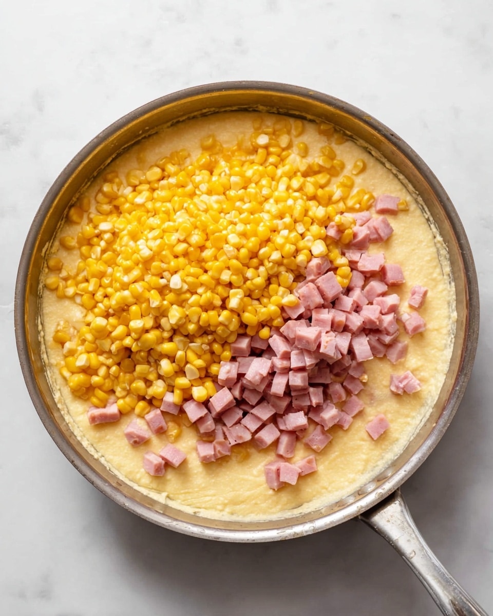 A close-up top view of a silver pan filled with three main layers: the bottom light yellow, creamy batter layer covers the whole pan base. On top of the batter, there is a large pile of bright yellow corn kernels mostly spread on one side. Next to the corn, there is a smaller pile of small pink ham cubes, some scattered slightly over the corn, all sitting on the batter. The pan rests on a white marbled surface. photo taken with an iphone --ar 4:5 --v 7