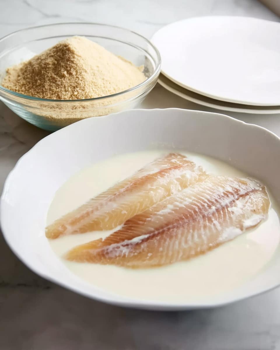 The image shows a white dish with two raw fish fillets soaking in a creamy white liquid. The fillets have a smooth texture with light brown and pinkish shades, layered flat and slightly overlapping in the dish. Behind the dish is a clear glass bowl filled with a coarse light brown powdery mixture. A clean white plate sits nearby on a white marbled surface, which is the background. photo taken with an iphone --ar 4:5 --v 7