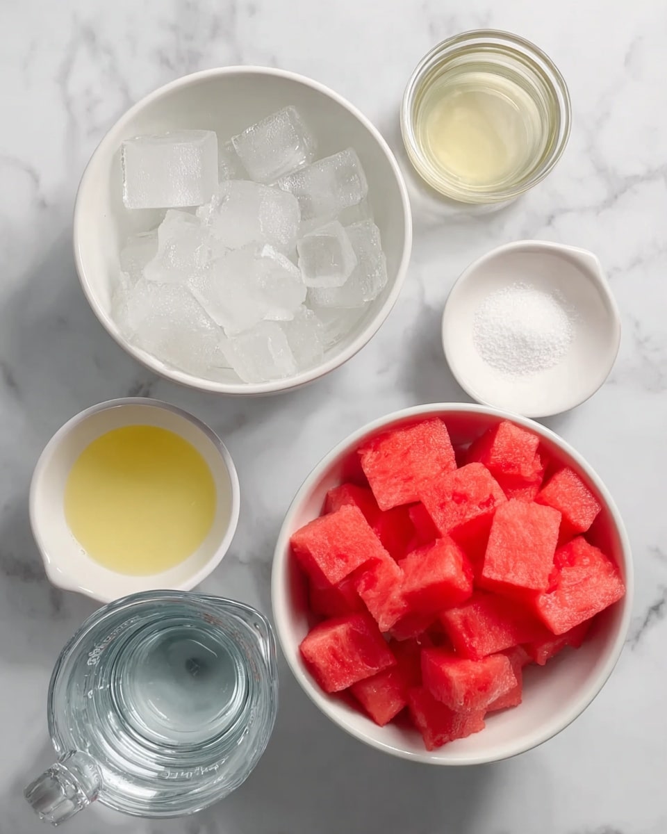 The image shows six white bowls and a measuring cup arranged on a white marbled surface. The largest white bowl is filled with clear ice cubes. Next to it is a white bowl with bright red watermelon cubes. There is a small white bowl containing light yellow juice and another small bowl with white granulated sugar. A small clear glass bowl holds more clear liquid, and a transparent measuring cup contains water. The colors are bright and fresh, with the red watermelon standing out against the ice and clear liquids. photo taken with an iphone --ar 4:5 --v 7