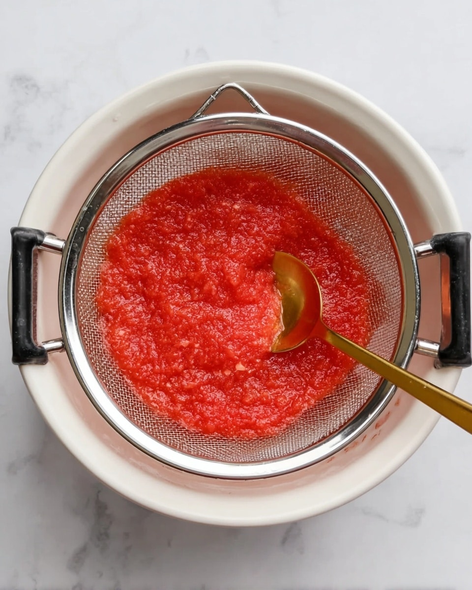The image shows a white bowl with a silver mesh strainer resting on top, placed on a white marbled surface. Inside the strainer is a bright red, smooth crushed tomato mixture. A gold-colored spoon is stirring the tomato mixture, with the spoon’s bowl mostly submerged in the tomato pulp. The strainer has black handles on both sides, and the bowl beneath is plain white, partially visible around the edges. photo taken with an iphone --ar 4:5 --v 7