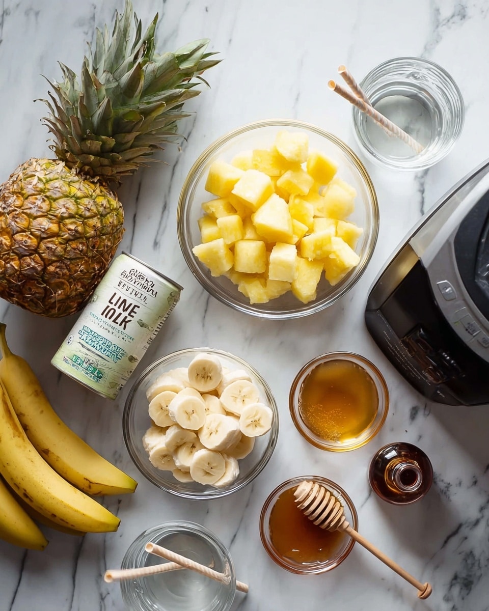 The image shows ingredients laid out on a white marbled surface, ready to make a smoothie or drink. At the top center, there is a clear glass bowl filled with yellow frozen pineapple chunks. Below it, a smaller clear glass bowl holds slices of banana. To the left, a whole pineapple and a can of lite unsweetened coconut milk are placed next to a black blender base. On the right side, there are two glasses of water with beige straws, a small glass bowl of light brown liquid, another small glass bowl with golden honey, a brown honey dipper with honey, and a small bottle of dark syrup. Photo taken with an iphone --ar 4:5 --v 7