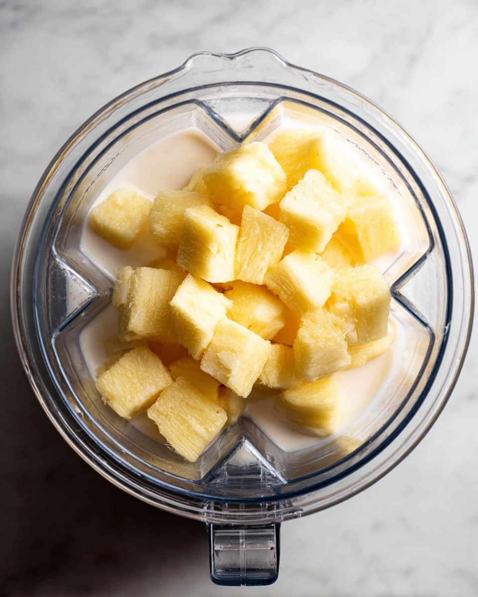 A clear blender jar filled with frozen diced yellow pineapple pieces piled on top in a loose heap, sitting over a white liquid base with a touch of cream or milk visible at the bottom. The blender is placed on a white marbled surface, shown from a top view that highlights the texture of the pineapple chunks and the shine of the plastic jar. The setup is simple and clean, focusing on the contrast between the pale yellow fruit and the white liquid below, with the blender's triangular blades slightly visible beneath the layers photo taken with an iphone --ar 4:5 --v 7