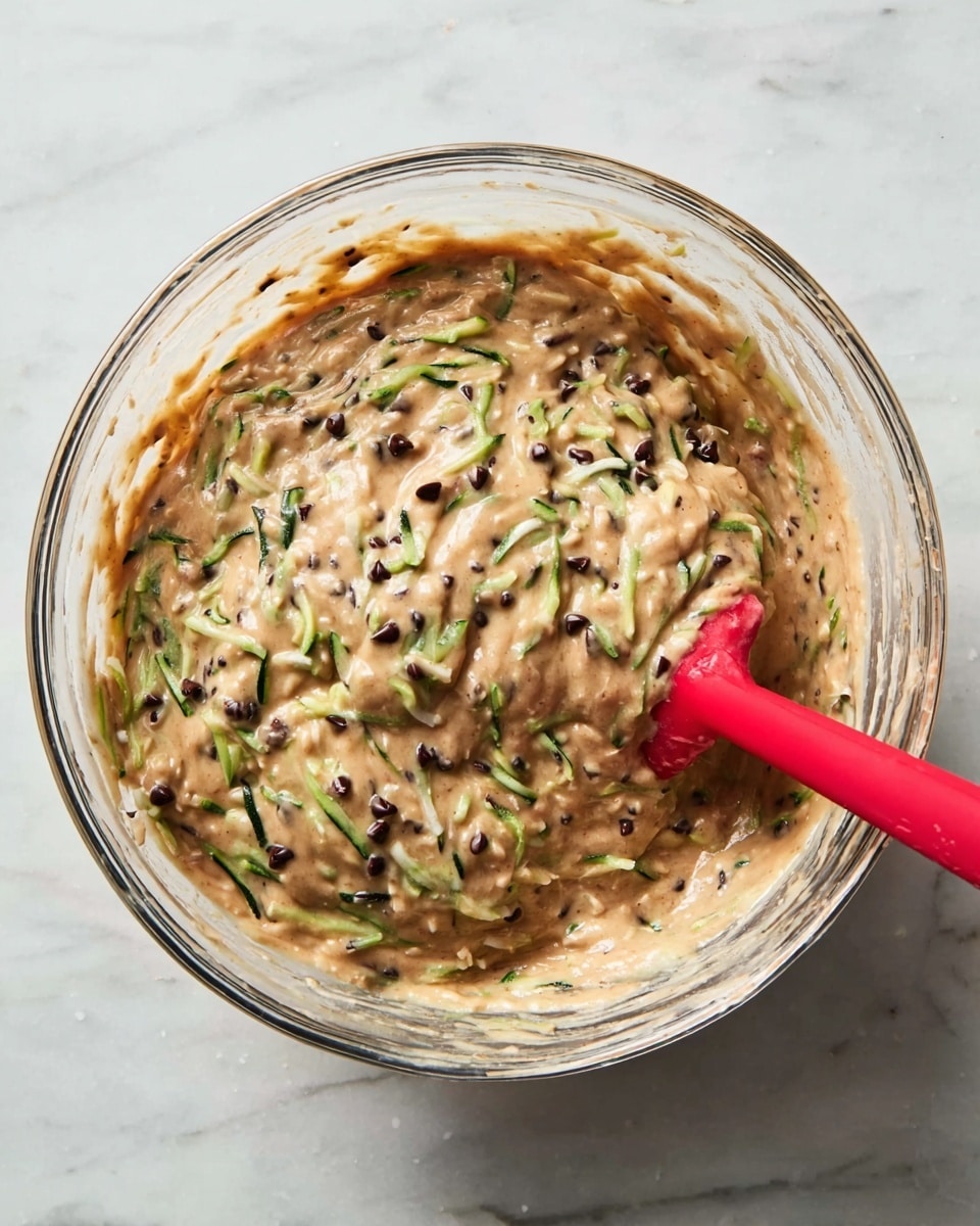 A clear glass bowl filled with a thick, light brown batter mixed with visible small black chocolate chips and green zucchini shreds on top, giving texture and color contrast. A red spatula is partially dipped into the batter, resting inside the bowl. The bowl is placed on a white marbled surface, creating a clean and bright background. The mix looks creamy and chunky with a moist texture. photo taken with an iphone --ar 4:5 --v 7
