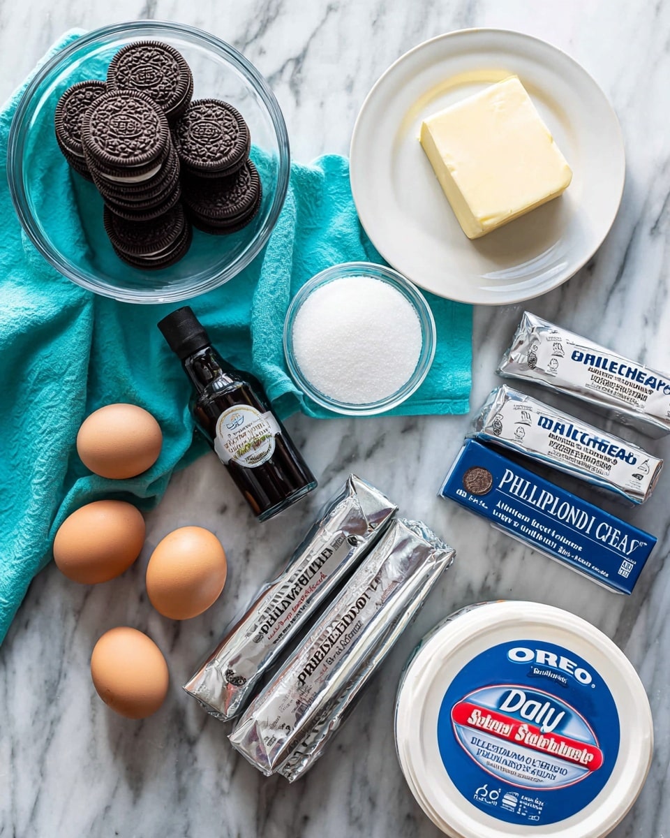 The image shows baking ingredients on a white marbled surface, including a clear glass bowl filled with stacked Oreo cookies on the top left. To the right is a small white plate with a stick of butter. Next to it, a small round clear bowl contains white sugar. Below the cookies is a glass bottle of vanilla extract with a black cap on top of a turquoise cloth. Three brown eggs rest on the cloth below the vanilla. To the right of the eggs are three stacked silver packages of Philadelphia cream cheese, and beside them are two stacked bars of Ghirardelli 60% cacao bittersweet chocolate in dark packaging. At the bottom right corner, a white tub of Daisy sour cream with blue and red lettering completes the layout. The arrangement is neat and evenly spaced with a bright, natural light. photo taken with an iphone --ar 4:5 --v 7
