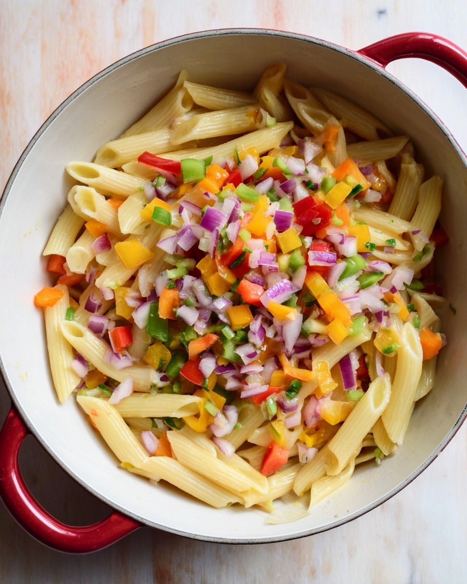 A white bowl with a red handle holds a colorful mix of pasta and chopped vegetables. The bottom layer is cream-colored penne pasta, topped with small, diced pieces of green, red, orange, and yellow bell peppers along with finely chopped purple onions, all mixed together. The pasta pieces are tubular with ridged surfaces, and the vegetables add a fresh, crunchy texture with bright and varied colors. The bowl sits on a white marbled surface with soft lighting. photo taken with an iphone --ar 4:5 --v 7