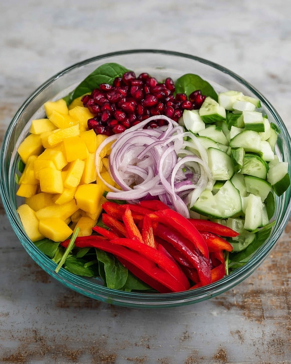 A clear glass bowl on a white marbled surface holds a layered salad arranged in sections. The bottom layer is fresh green spinach leaves covering the bowl's base. On top, there are five key layers: bright yellow mango slices stacked on one side, shiny deep red pomegranate seeds next to the mango, thin light purple onion rings placed in the center, thin strips of vivid red bell pepper beside the onions, and light green cucumber slices arranged in a neat cluster opposite the mango. The colors are vibrant and the textures vary from smooth cucumbers to juicy pomegranates, all sitting clearly separated yet visually balanced. Photo taken with an iphone --ar 4:5 --v 7