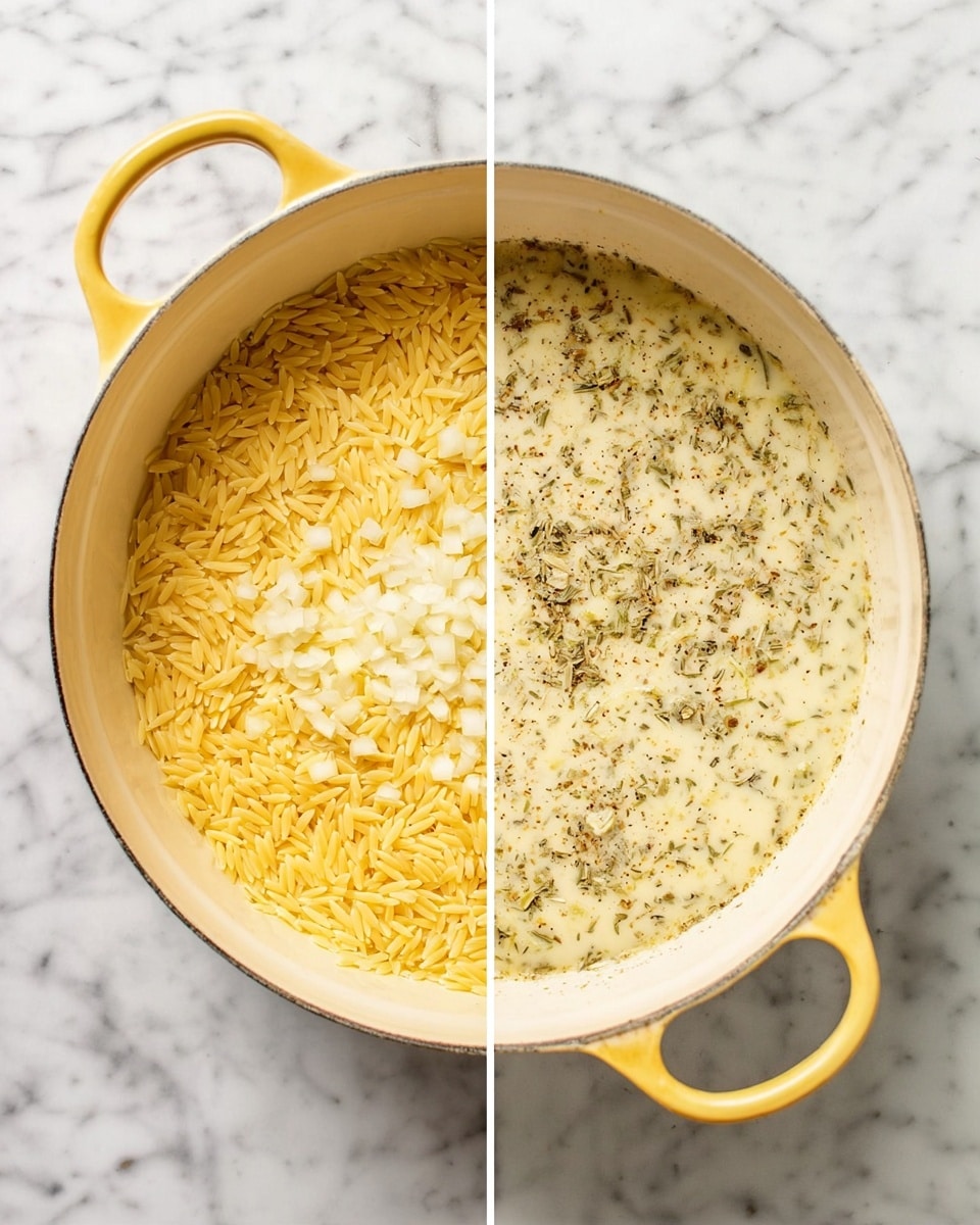 A pot with two layers shown side by side on a white marbled surface: The left side has the first layer made of light yellow orzo pasta spread across the pot with visible diced white onions and small bits of minced garlic and herbs in the center. The pot is cream-colored with yellow handles. The right side shows the second layer filled with a creamy, light yellow liquid mixed with herbs and spices, giving a slightly textured and speckled look on top. photo taken with an iphone --ar 4:5 --v 7