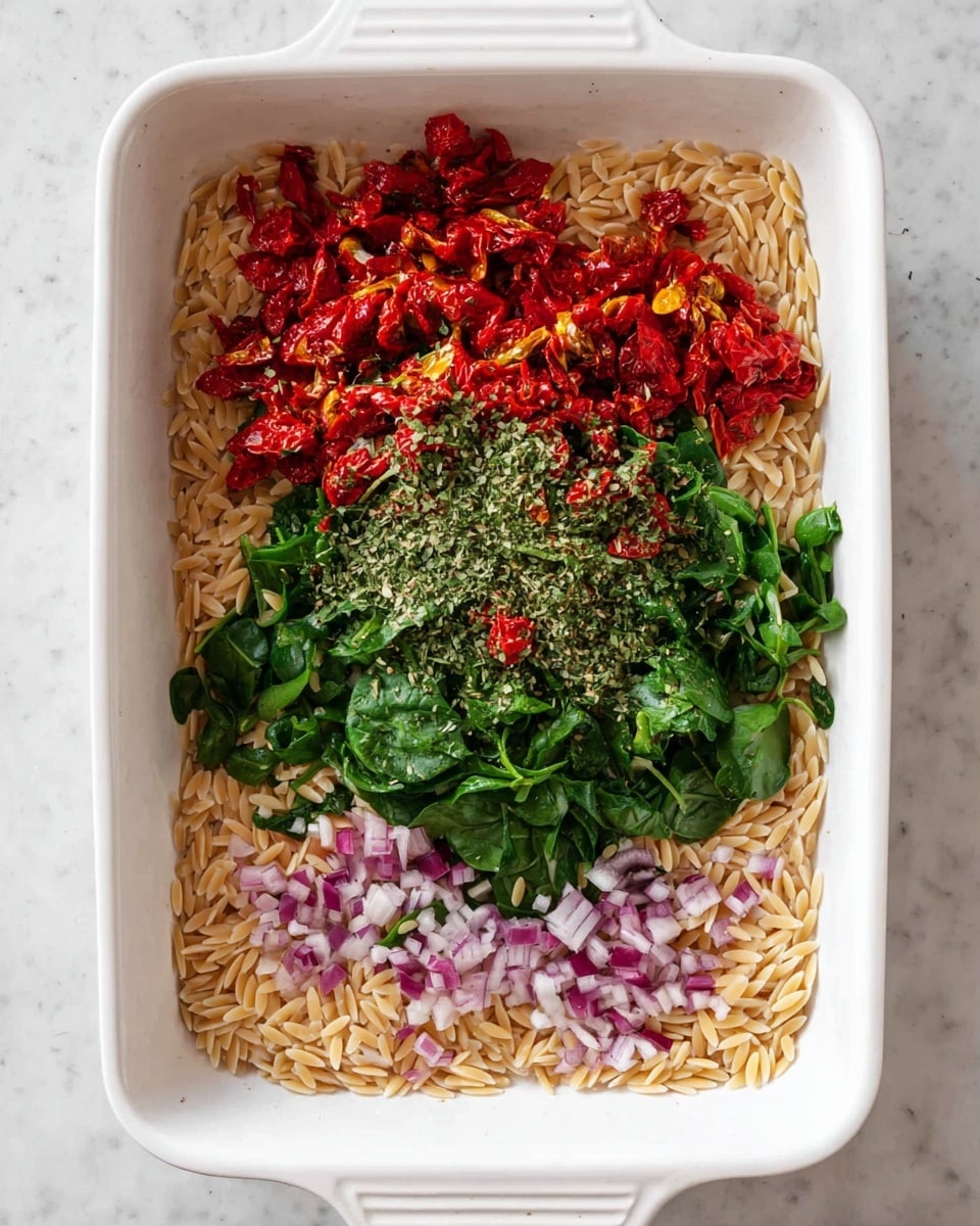 In a white rectangular baking dish, there are four main layers of ingredients. At the bottom, there is a scattered layer of light beige orzo pasta, with a slightly curved, smooth texture. On top of the orzo, there are fresh dark green chopped spinach leaves, roughly piled in the center. Over the spinach, there is a layer of chunky bright red sun-dried tomatoes with some small pieces showing yellow bits inside. Finally, sitting on top of the sun-dried tomatoes, there is a sprinkling of green dried herbs mixed with a small amount of white salt. Around the orzo and spinach, finely diced purple-red onions are spread out lightly near the edges of the dish. The dish is placed on a white marbled surface. photo taken with an iphone --ar 4:5 --v 7