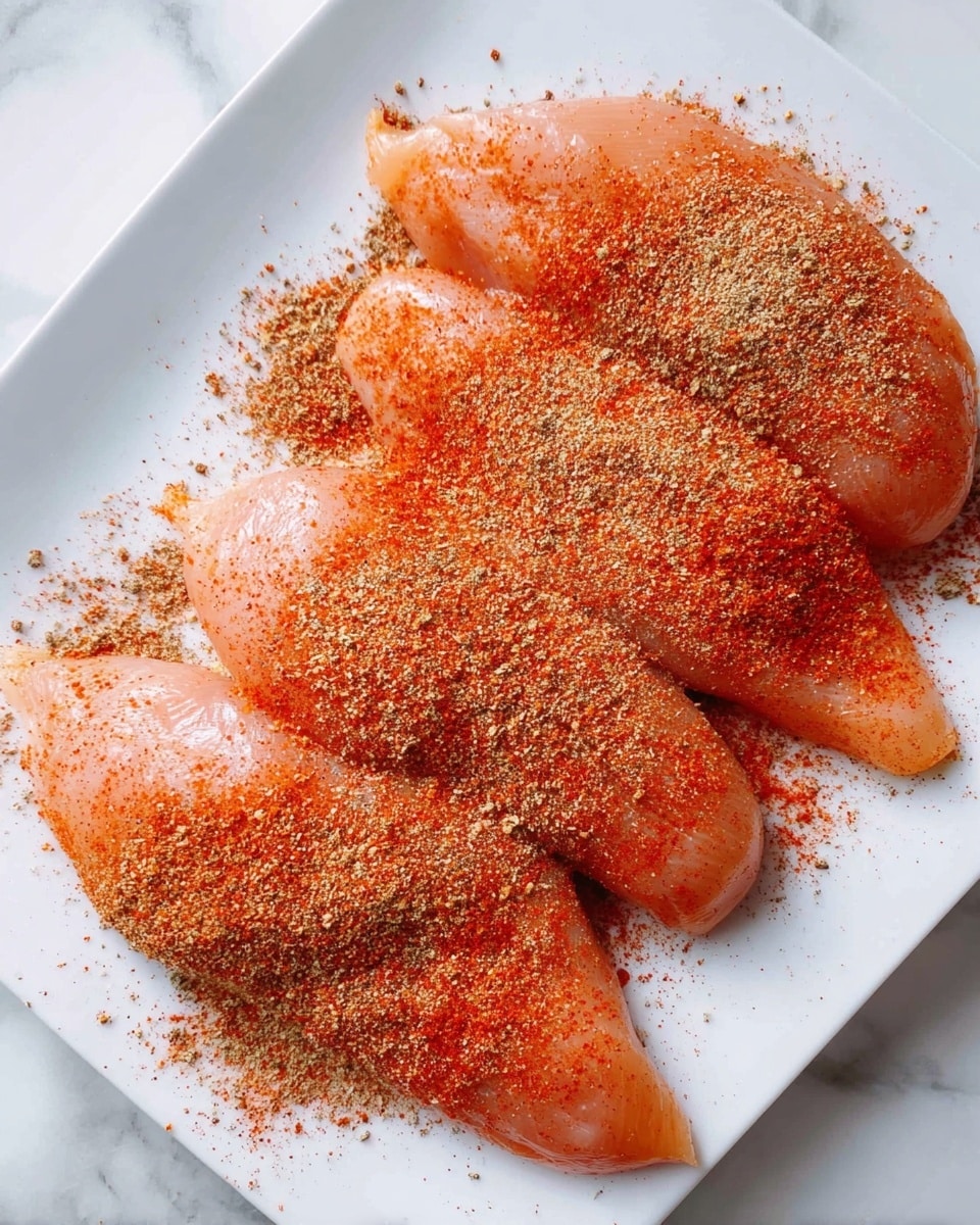 Four raw chicken fillets lie side by side on a white square plate, each piece evenly dusted with a layer of bright red paprika powder and a second layer of brownish ground spice. The spices are spread thinly but cover most of the surface of the chicken, with some extra powder scattered around the plate edges. The chicken fillets have a smooth, glossy texture and a pale pink color under the spices. The plate rests on a white marbled surface, adding a clean and bright look to the image. Photo taken with an iphone --ar 4:5 --v 7