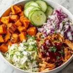 BBQ Chicken Bowls with Sweet Potatoes, Coleslaw, and Pickles Recipe