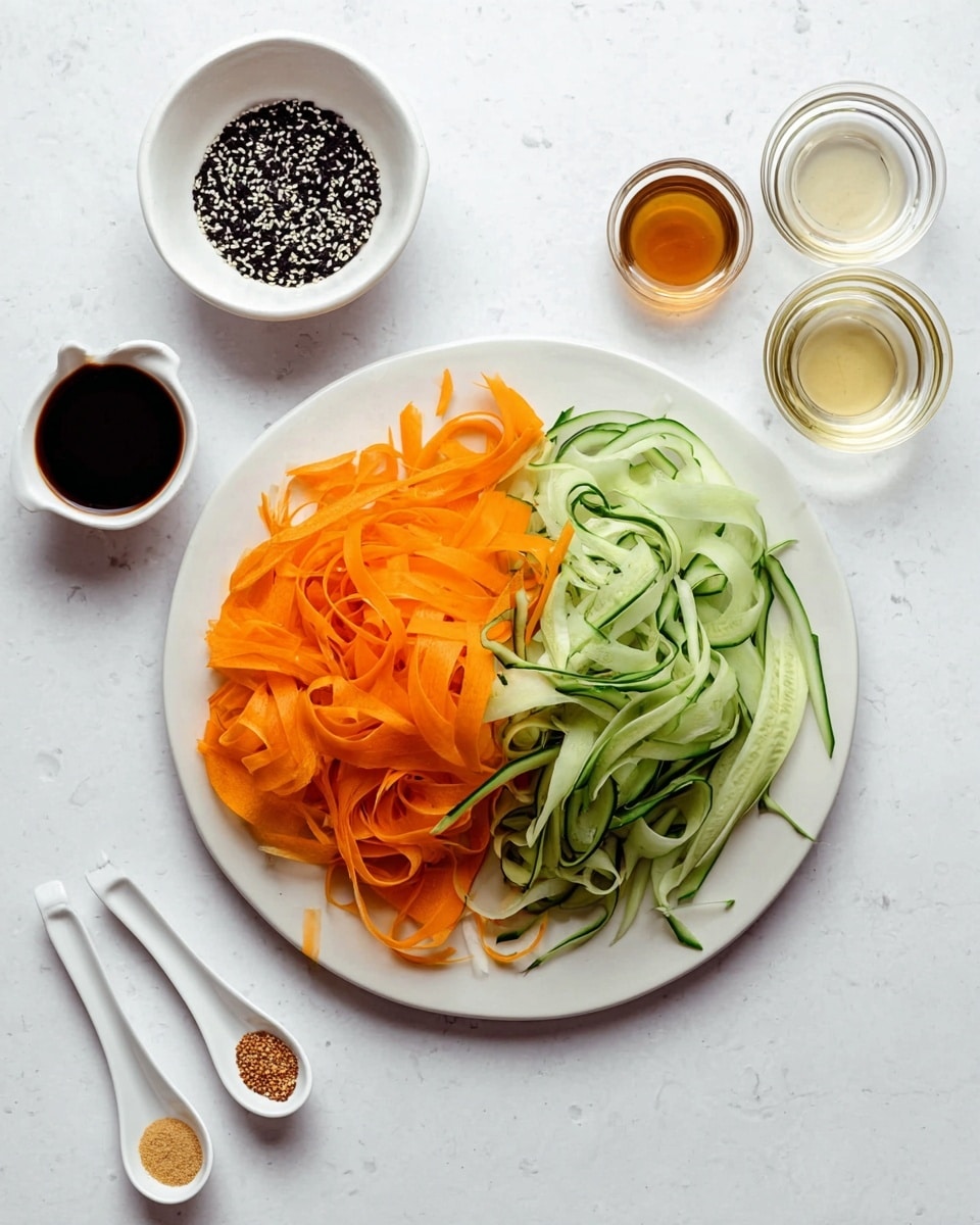 A white round plate sits on a white marbled surface, with two main layers of thinly sliced vegetables: bright orange carrot ribbons on the left side and light green cucumber ribbons with dark green edges on the right side, both piled loosely in soft folds. Surrounding the plate are several small white containers and spoons holding various sauces and spices, including a bowl with black and white sesame seeds at the top left, a dark soy-like sauce below it, and small glass bowls with clear and light-colored liquids to the right. Three white spoons with light brown and beige spices are placed near the bottom left corner. photo taken with an iphone --ar 4:5 --v 7