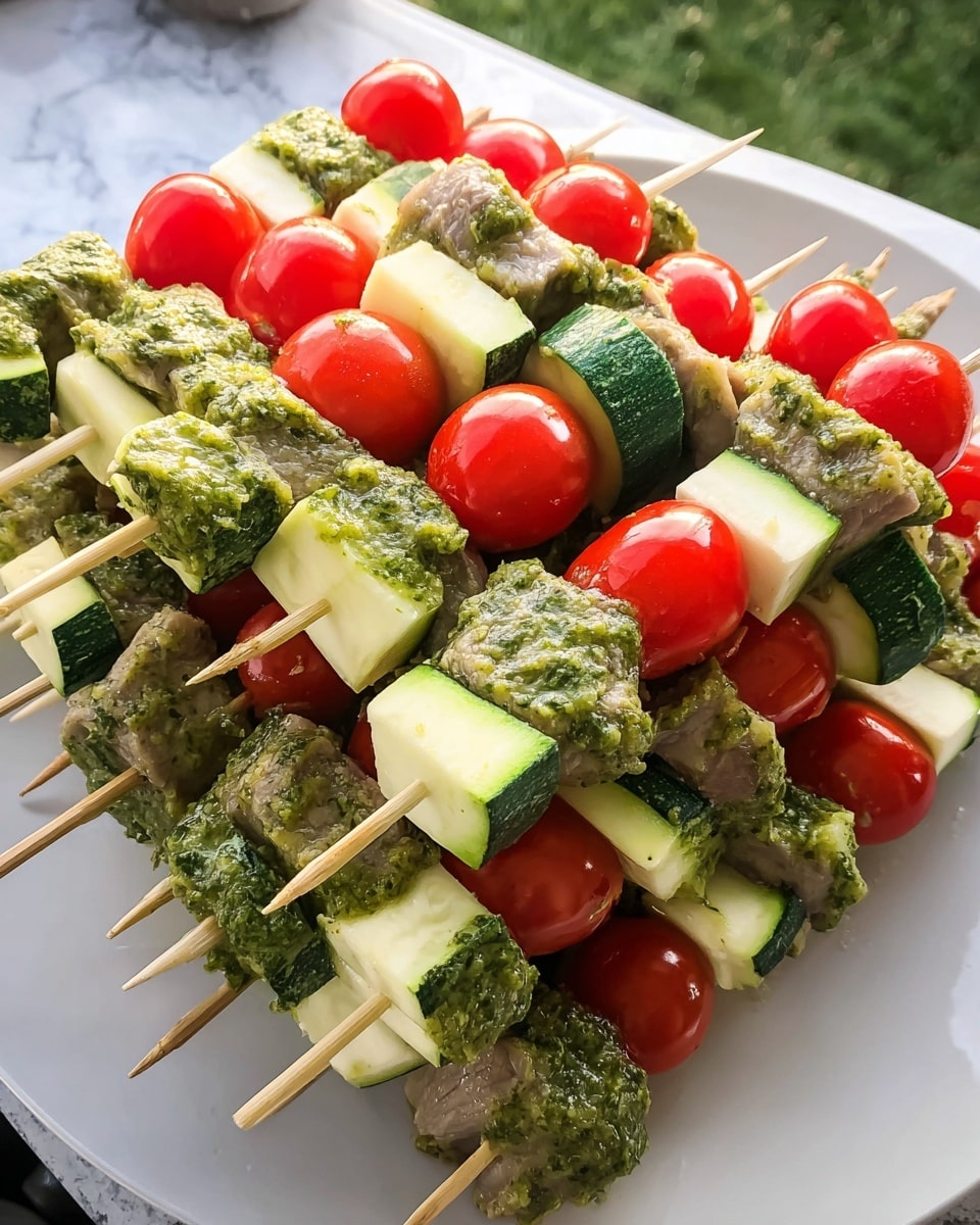 A stack of wooden skewers arranged on a white plate, each skewer layered with alternating fresh red grape tomatoes, green and white zucchini cubes, and pieces of raw meat coated with a green herb marinade. The zucchini cubes are smooth with a firm texture, and the tomatoes are shiny and plump. The green marinade on the meat appears thick and slightly chunky, covering the uneven meat pieces. The plate is placed on a white marbled surface with a glimpse of grass in the background. photo taken with an iphone --ar 4:5 --v 7
