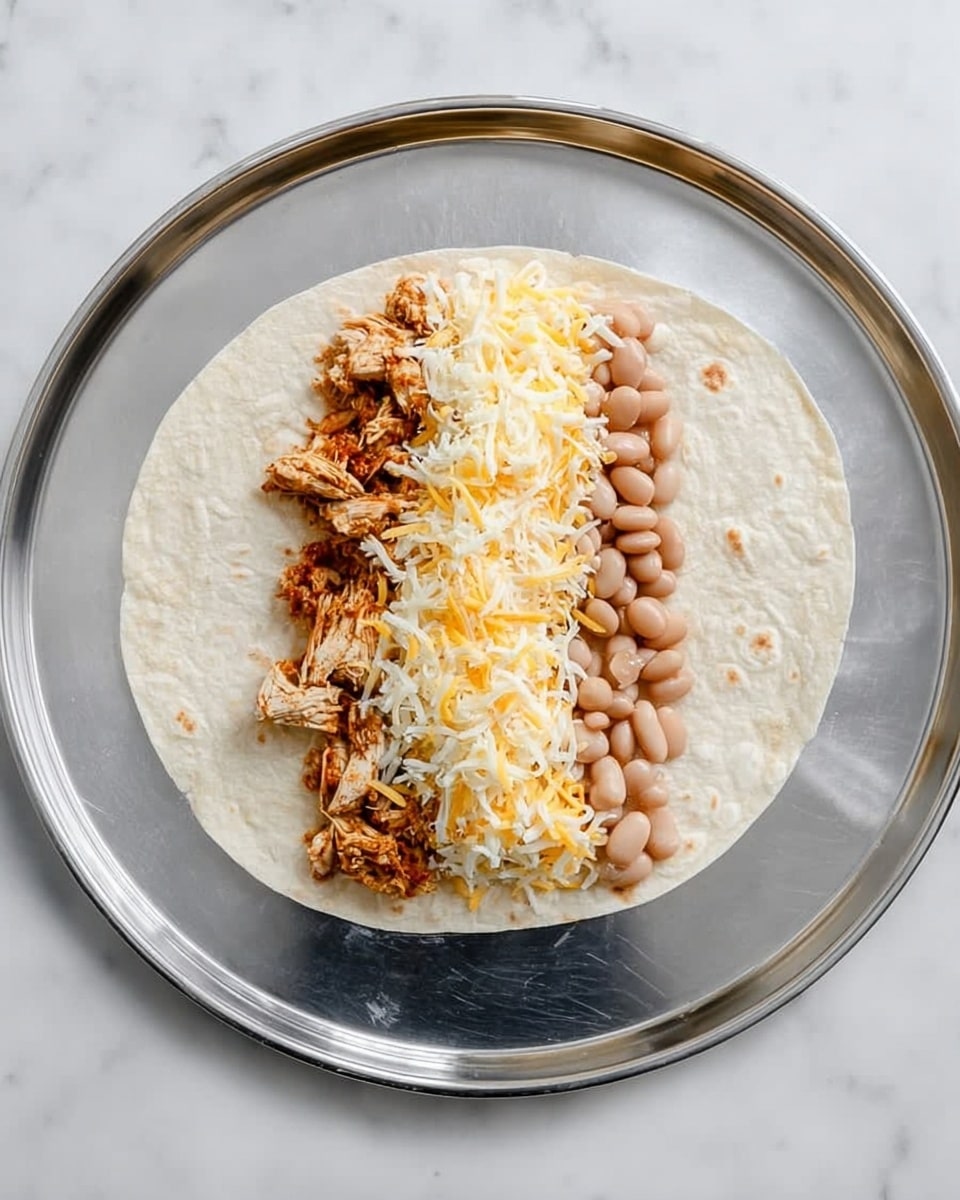 A single white tortilla lies flat on a shiny metal tray, placed on a white marbled surface. On the center line of the tortilla, there are three layers arranged side by side: on the left, shredded brown seasoned chicken; in the middle, a mix of shredded white and yellow cheese; and on the right, small light brown beans. The colors contrast well with the pale tortilla, showing the layered fillings clearly. Photo taken with an iphone --ar 4:5 --v 7