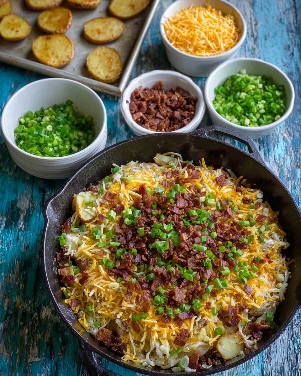 A black cast iron pan is filled with a layered dish: the base layer looks like light and fluffy grated potatoes, topped with a layer of shredded yellow and white cheese mixed with crispy brown crumbled bacon, then sprinkled generously with bright green chopped spring onions. Nearby, a white bowl holds extra shredded yellow and white cheese, and another white bowl contains more crumbled bacon. A third white bowl is filled with finely chopped vibrant green spring onions. To the left, on a metal baking tray, there are golden brown roasted potato slices resting. The background is a rustic blue wooden surface. photo taken with an iphone --ar 4:5 --v 7